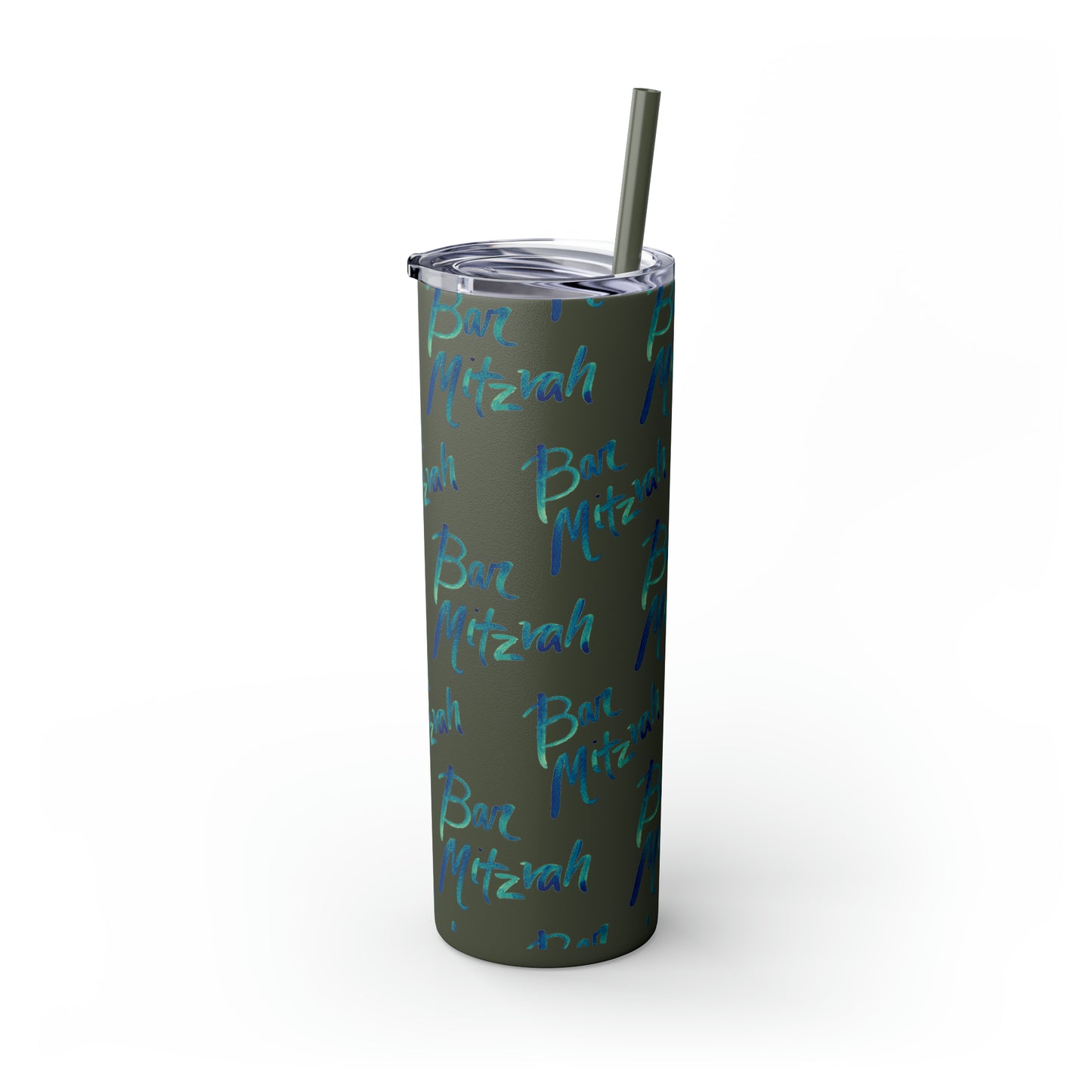 Ben Turquoise & Green Ombre Bar Mitzvah Pattern Skinny Tumbler with Straw, 20oz