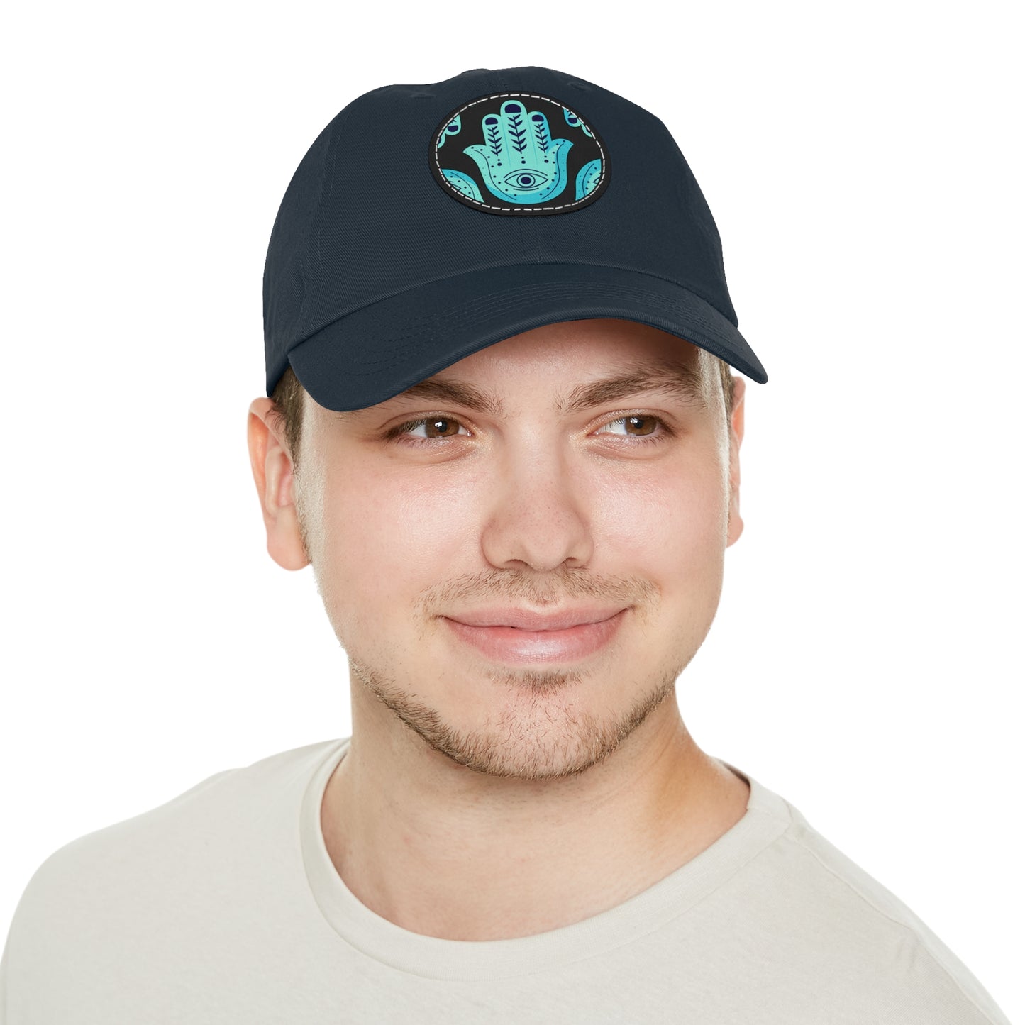 Hannah Bright Turquoise Hamsa Pattern Dad Hat with Leather Patch