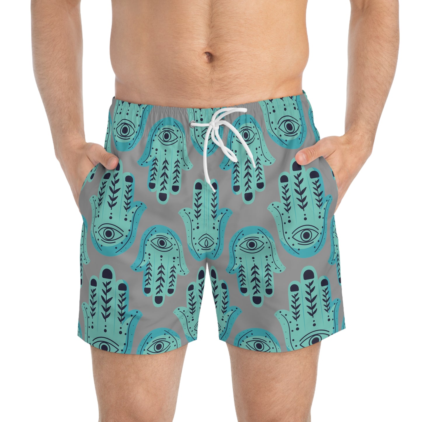 Hannah Bright Turquoise Hamsa Pattern on Grey Swim Trunks