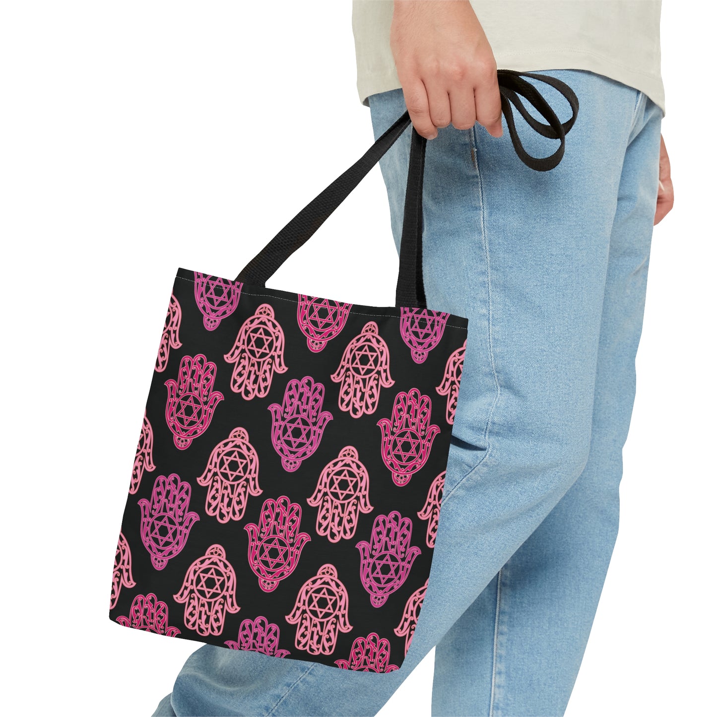 Hadar Pinks Hamsa Pattern on Black Pattern Tote Bag