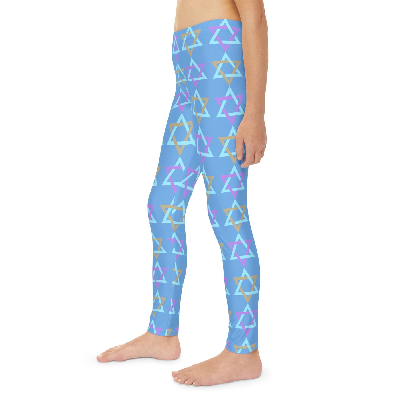 David Beige, Purple, & Light Blue Magan David Pattern on Blue Youth Full-Length Leggings