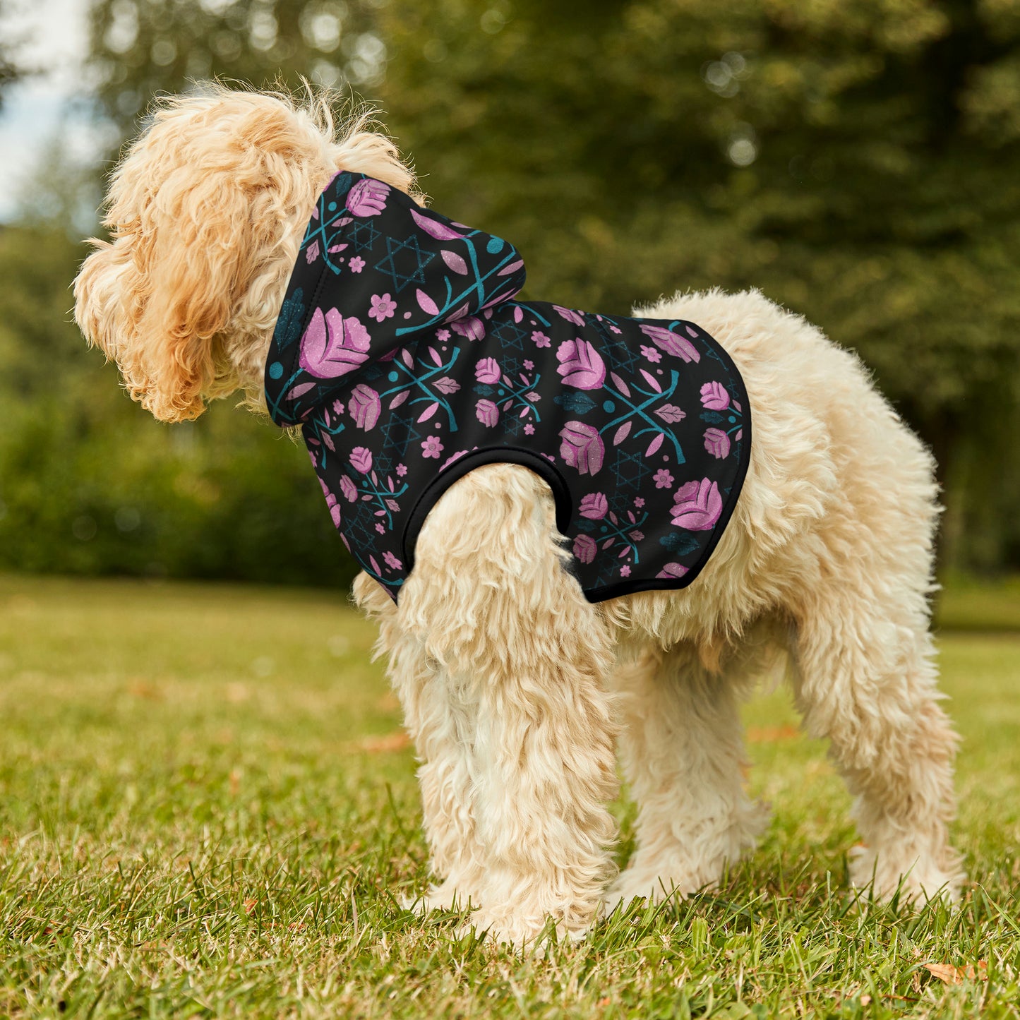 Beth Pink & Blue Pattern on Black Pet Hoodie