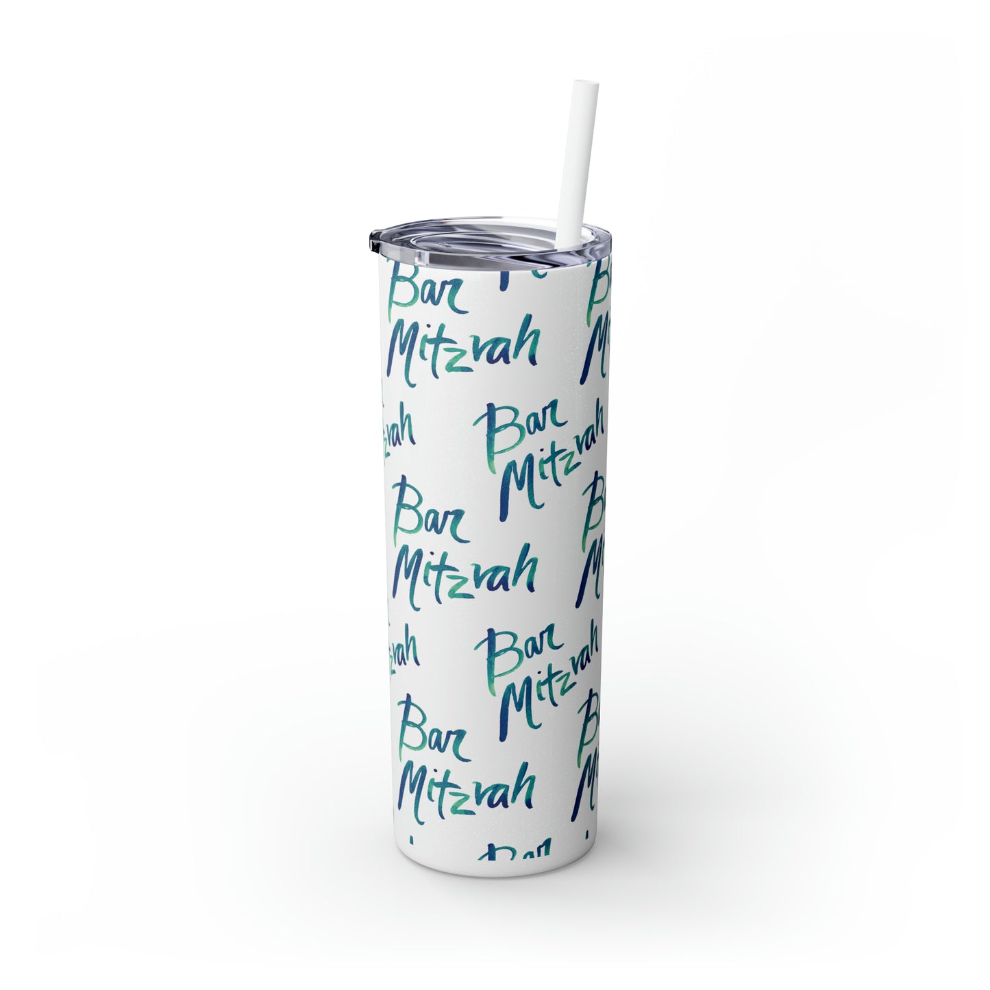 Ben Turquoise & Green Ombre Bar Mitzvah Pattern Skinny Tumbler with Straw, 20oz