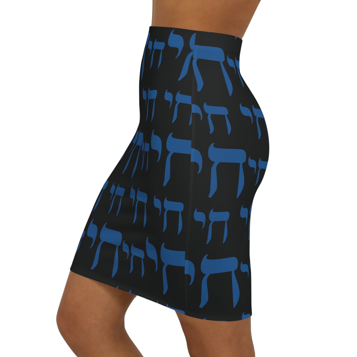 Chaim Double Chai Pattern on Black Women's Mid-Waist Pencil Skirt