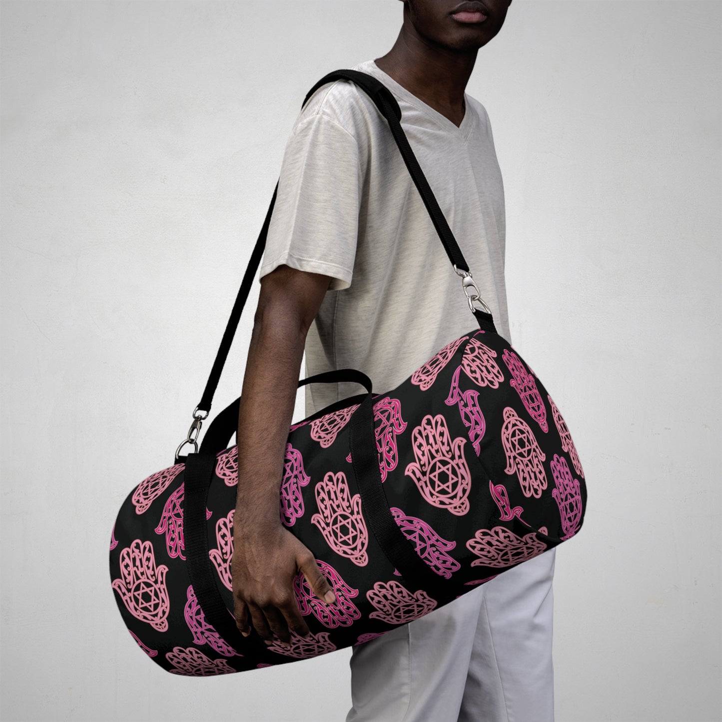 Hadar Pinks Hamsa Pattern on Black Duffel Bag