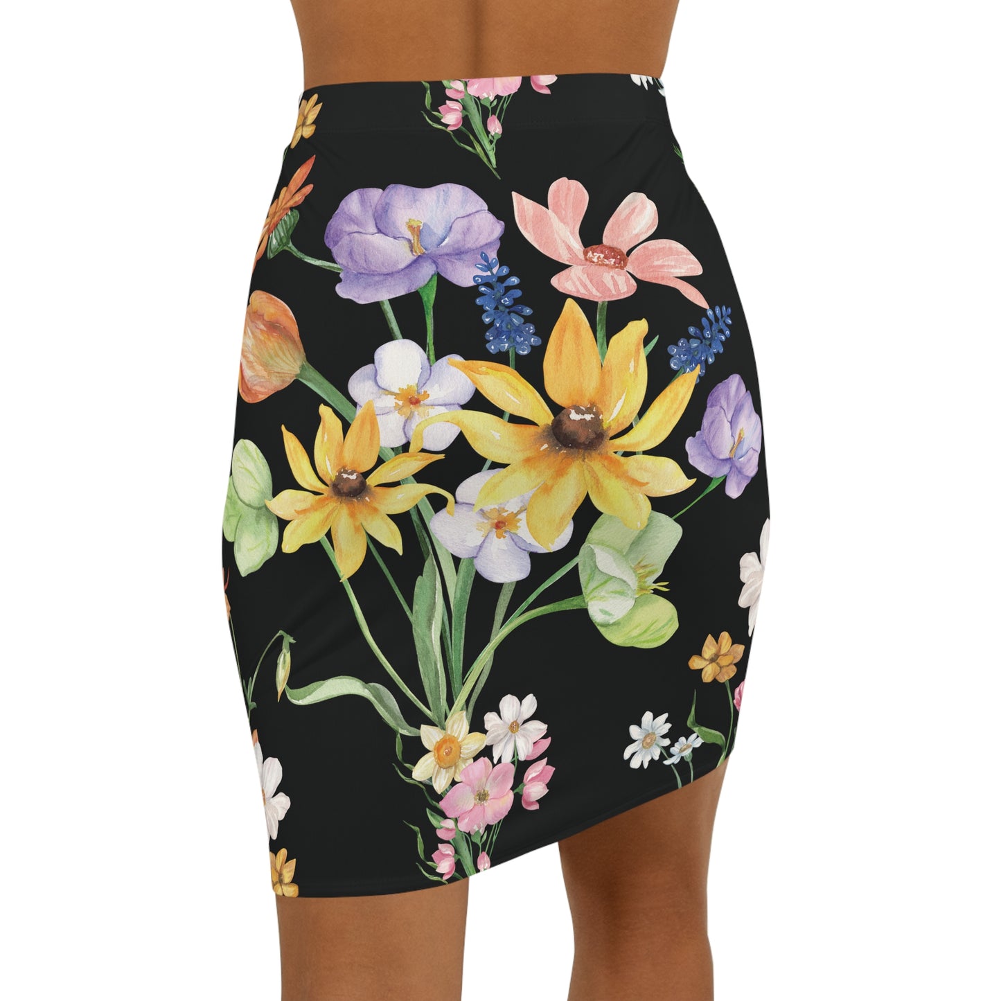 Yvonne Floral Pattern on Black Women's Mid-Waist Pencil Skirt