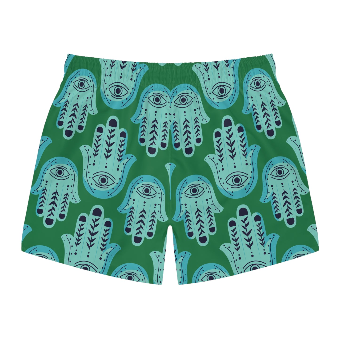 Hannah Bright Turquoise Hamsa Pattern on Dark Green Swim Trunks