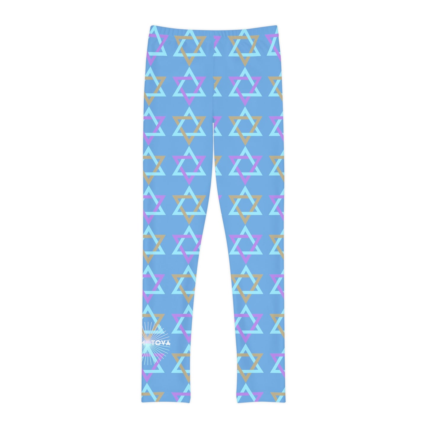 David Beige, Purple, & Light Blue Magan David Pattern on Blue Youth Full-Length Leggings