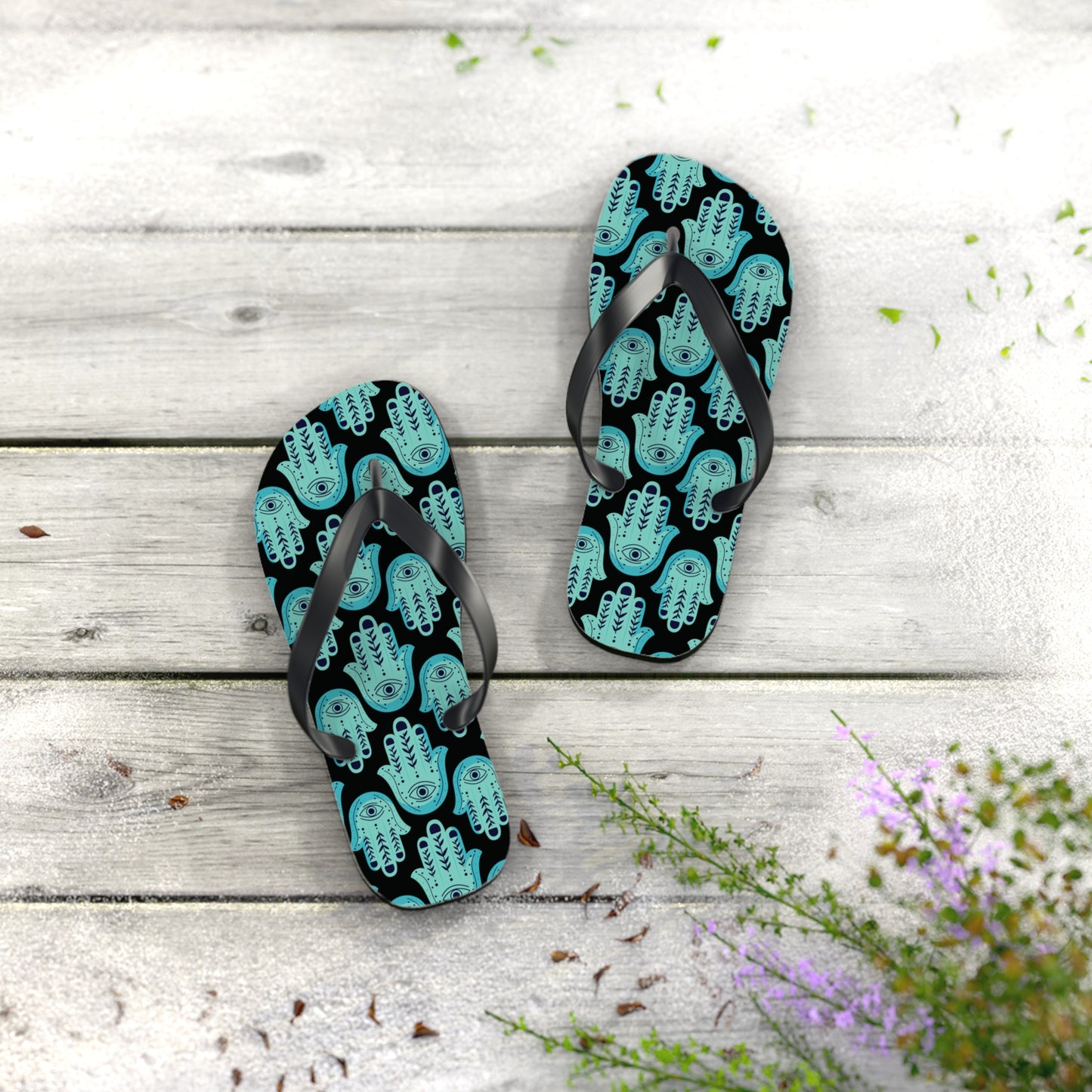 Hannah Bright Turquoise Hamsa Pattern Flip Flops