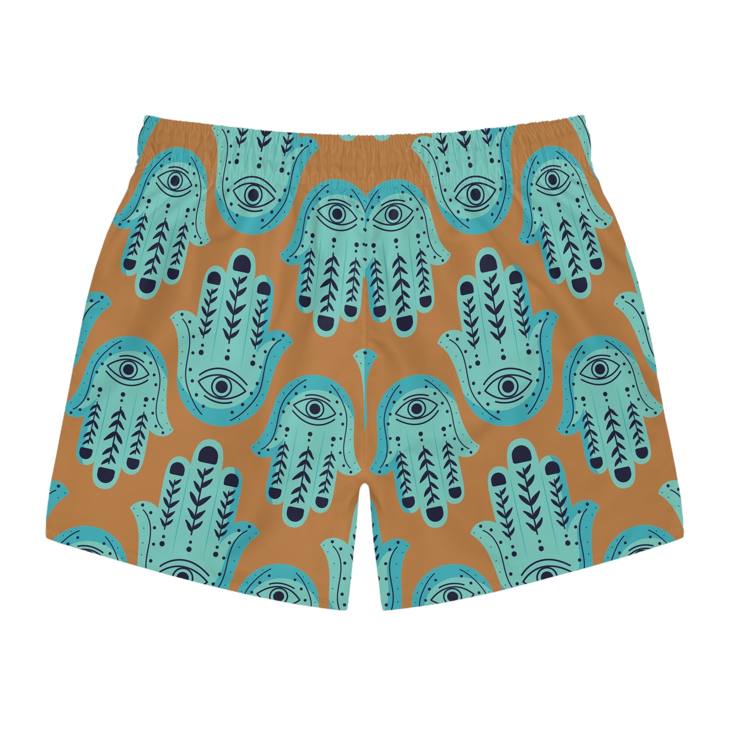 Hannah Bright Turquoise Hamsa Pattern on Brown Swim Trunks