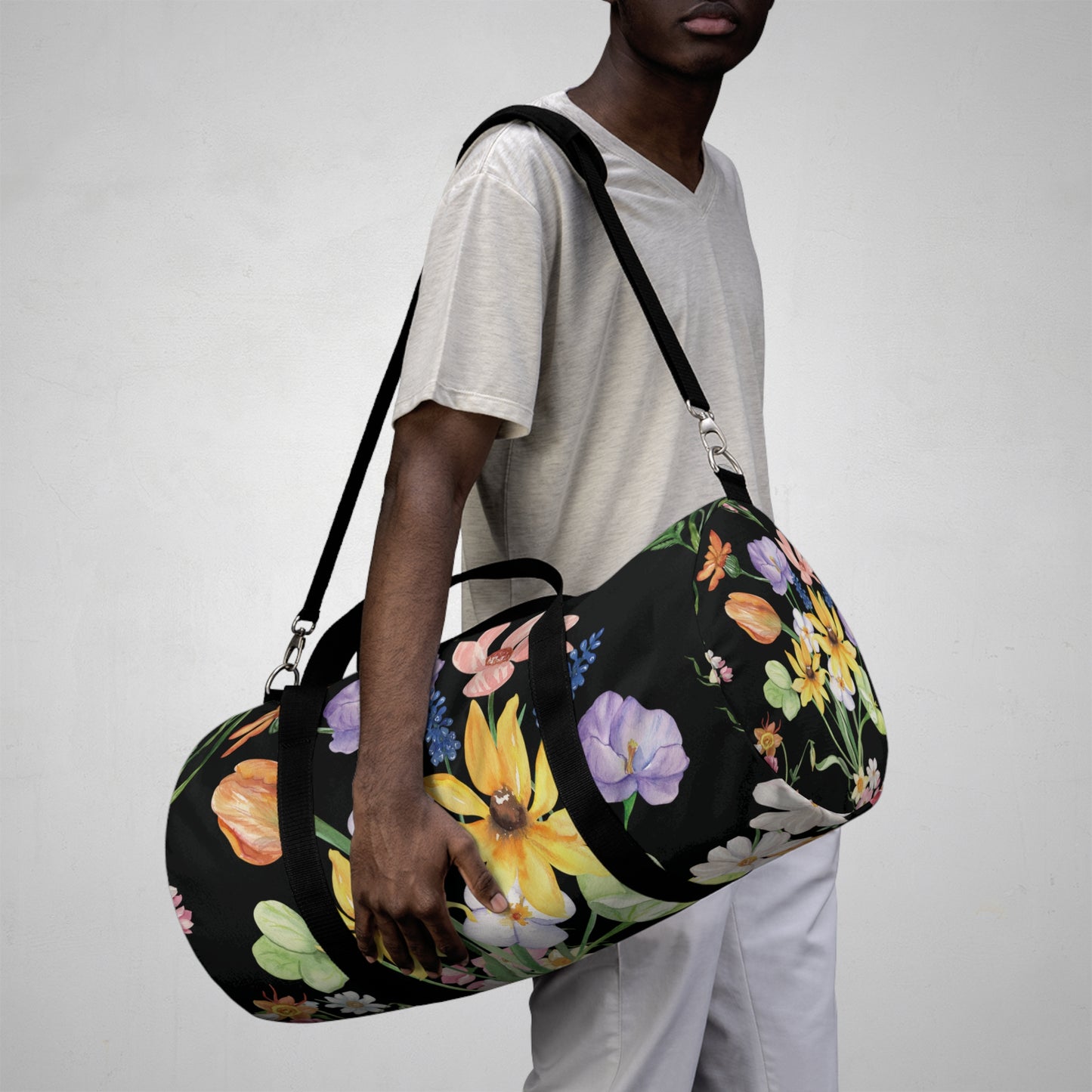 Yvonne Floral Pattern on Black Duffel Bag