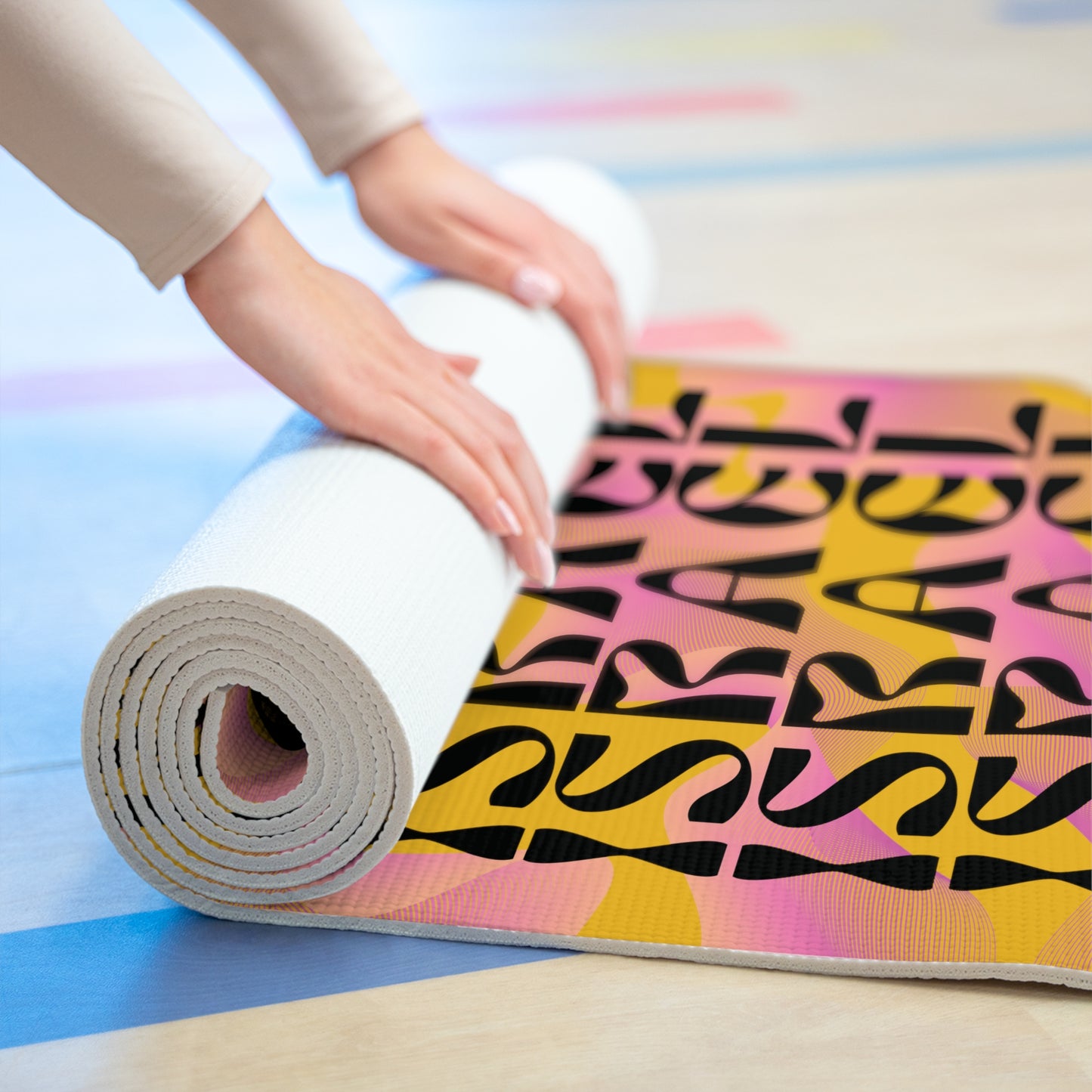 Flow & Squiggle Israel Pink & Coral on Yellow Foam Yoga Mat