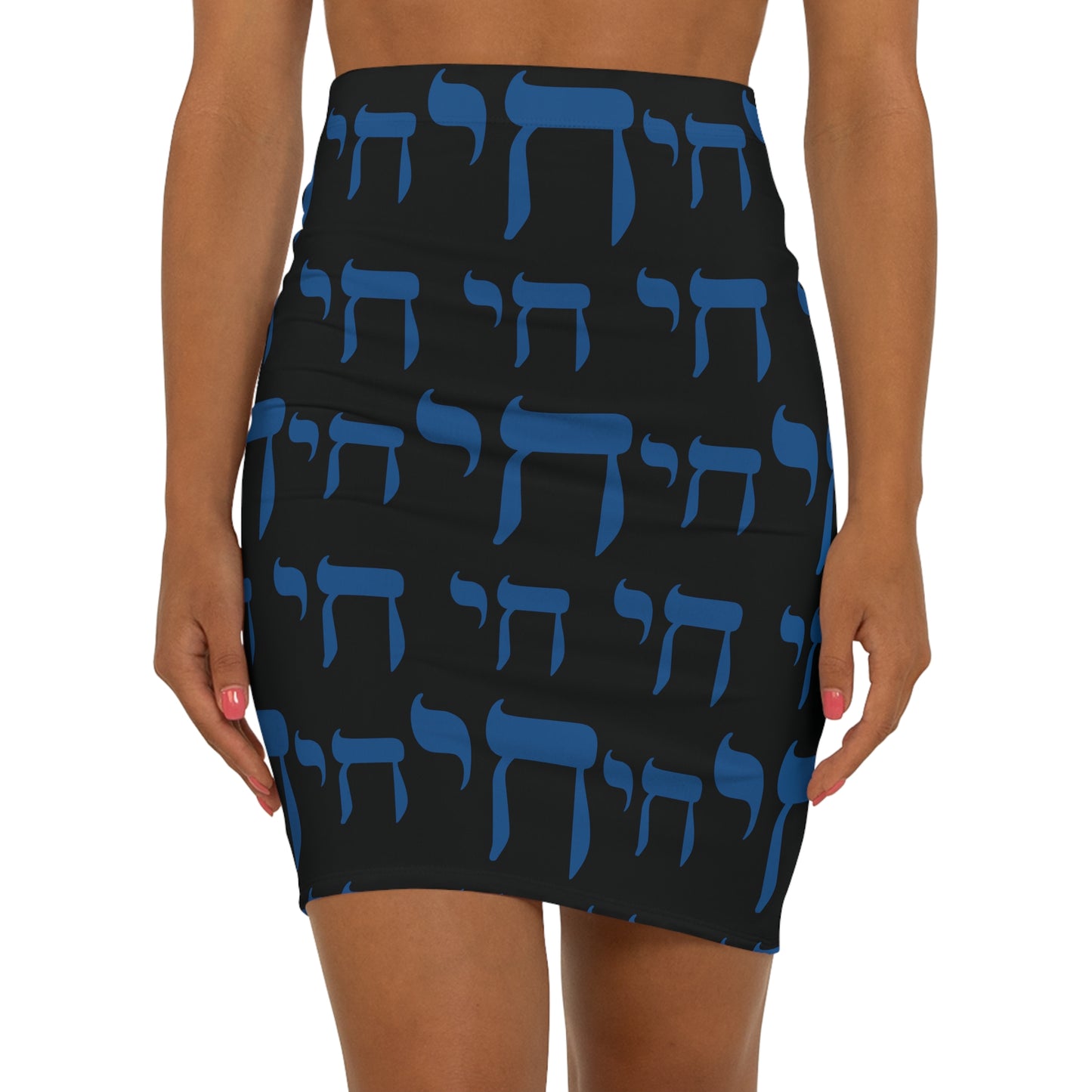 Chaim Double Chai Pattern on Black Women's Mid-Waist Pencil Skirt