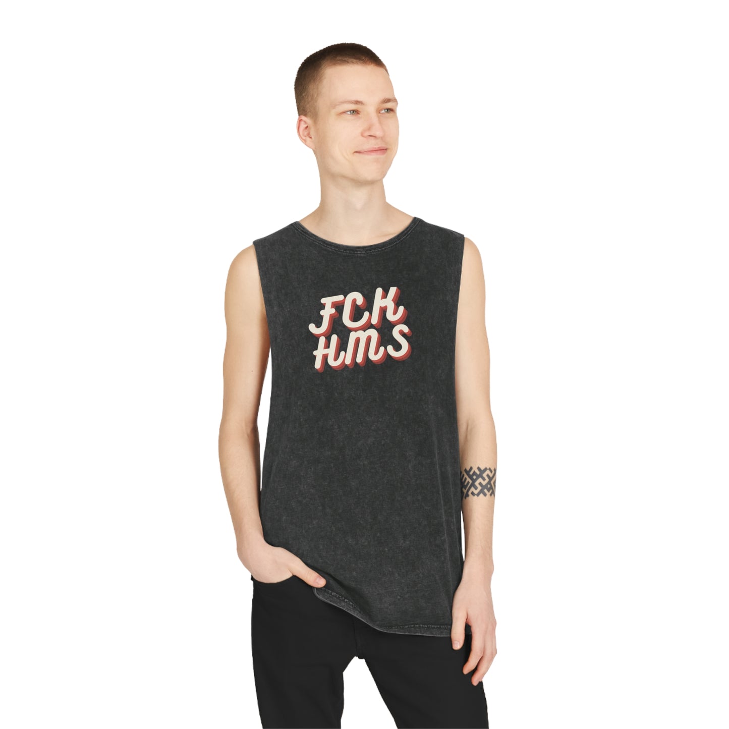 FCK HMS Script Tan & Orange Unisex Stonewash Tank Top