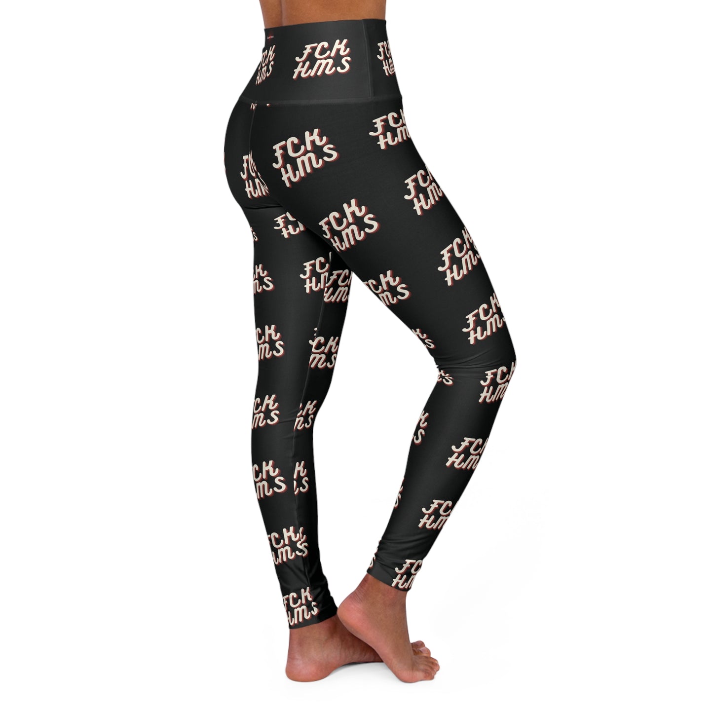 FCK HMS Script Tan & Orange on Black High Waisted Yoga Leggings