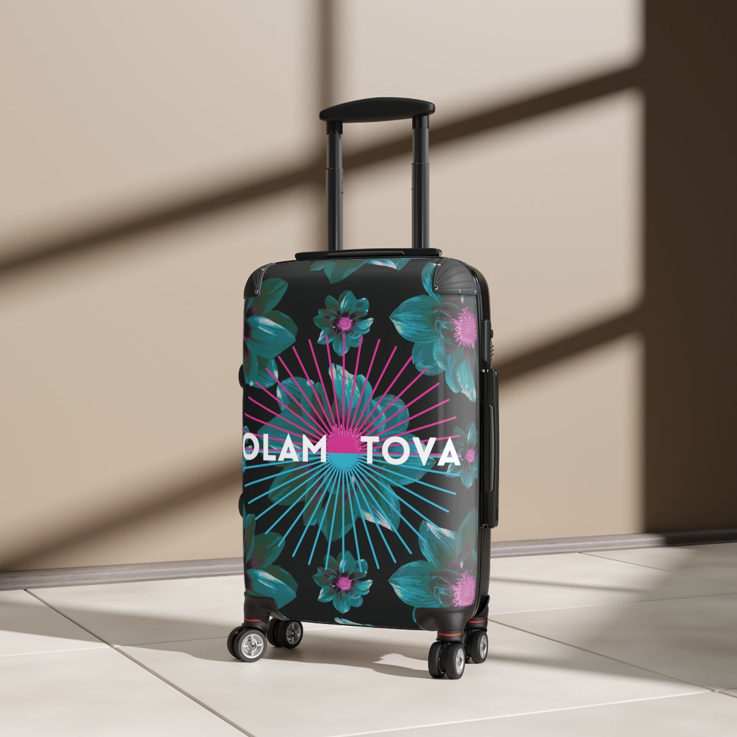 Adele Teal Green Flower Pattern on Black Suitcase