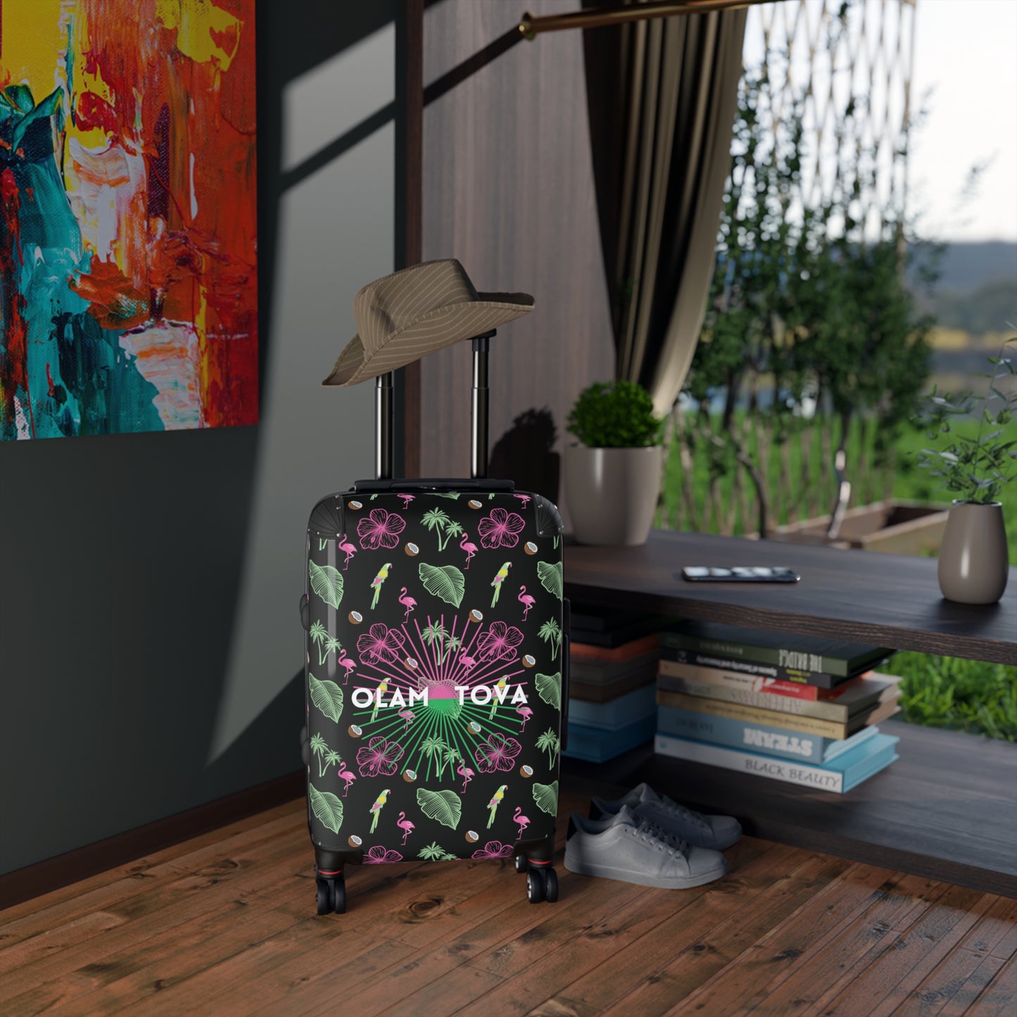 Tropical Pattern on Black Suitcase