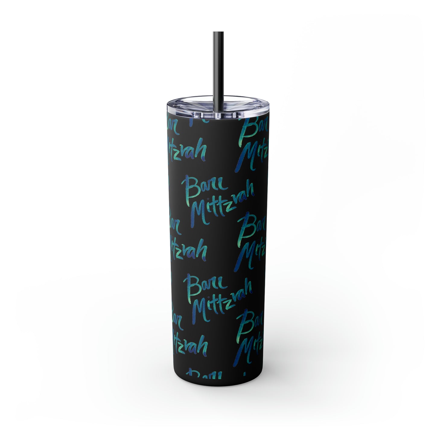 Ben Turquoise & Green Ombre Bar Mitzvah Pattern Skinny Tumbler with Straw, 20oz