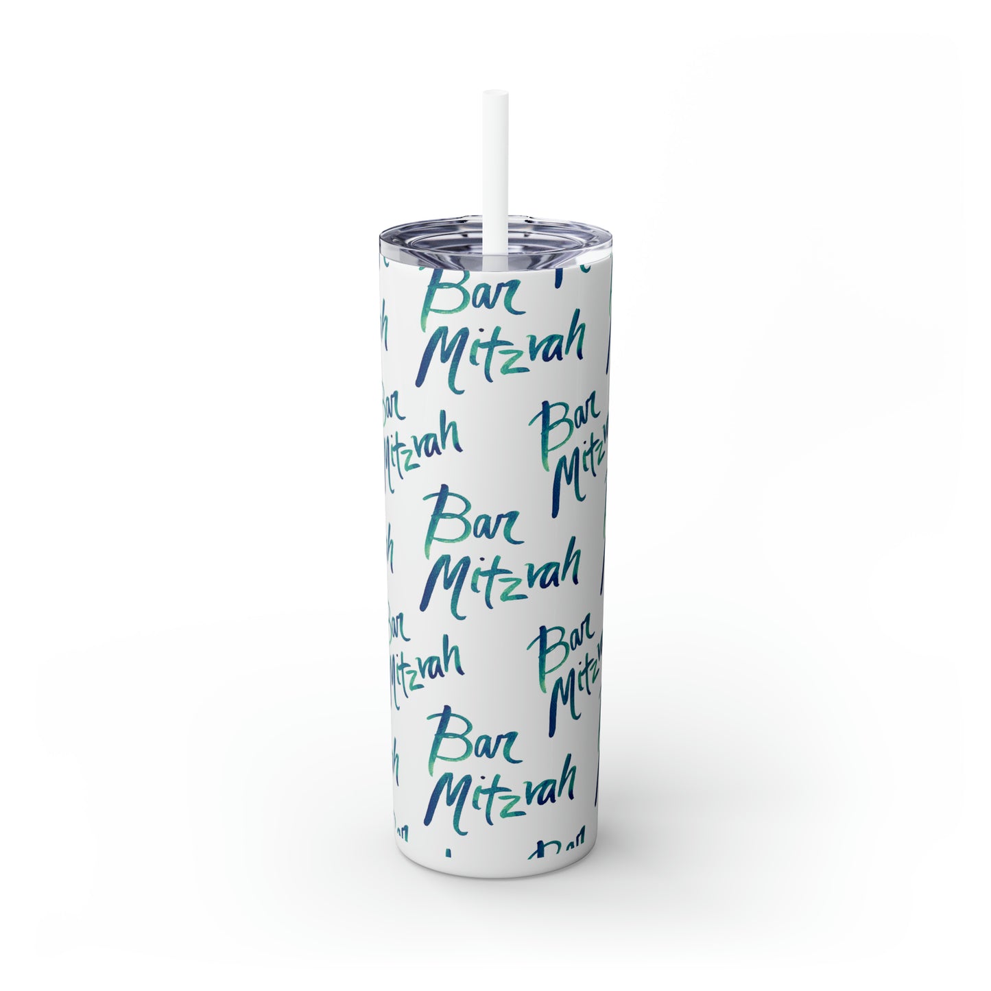 Ben Turquoise & Green Ombre Bar Mitzvah Pattern Skinny Tumbler with Straw, 20oz