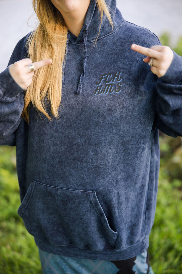 FCK HMS Script Black & Blue Unisex Mineral Wash Hoodie