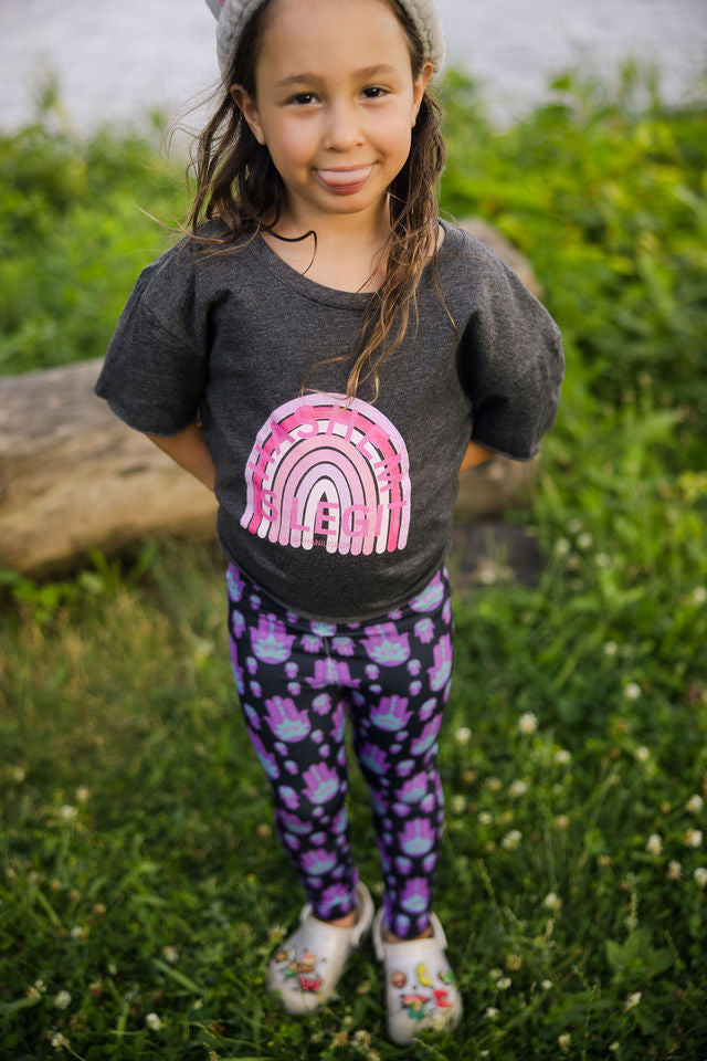 Hadas Bright Purple Hamsa Pattern on Black Kids Leggings