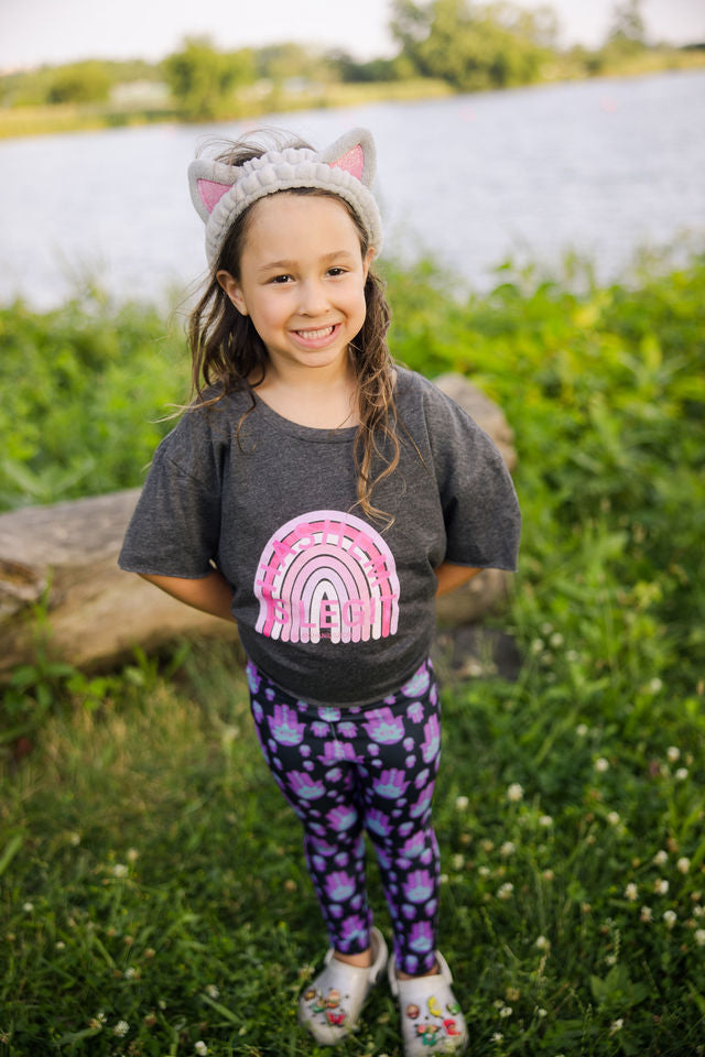 Hadas Bright Purple Hamsa Pattern on Black Kids Leggings