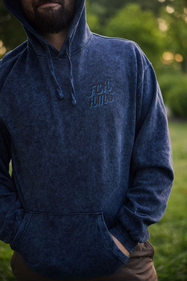 FCK HMS Script Black & Blue Unisex Mineral Wash Hoodie