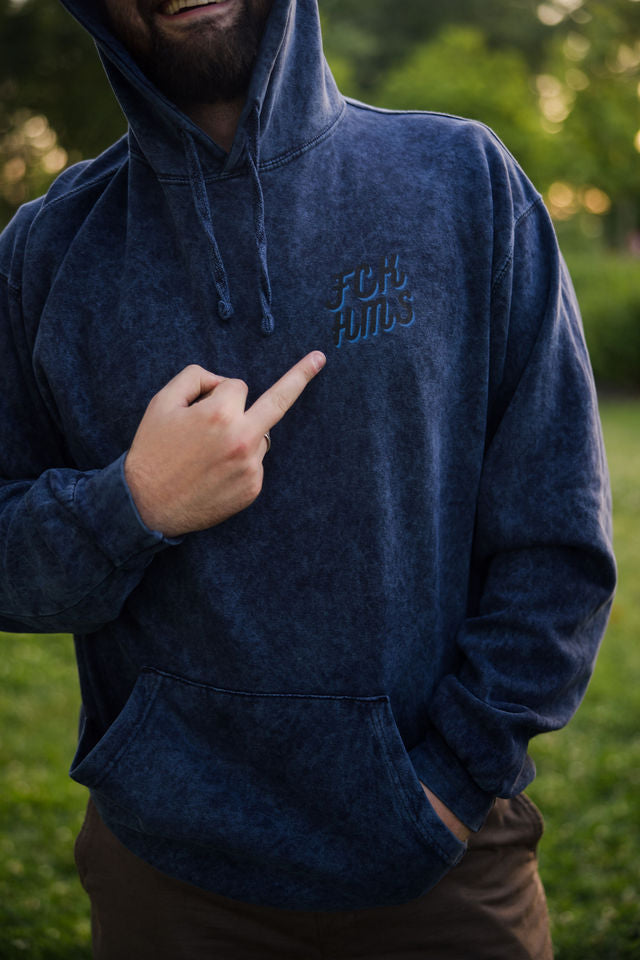 FCK HMS Script Black & Blue Unisex Mineral Wash Hoodie