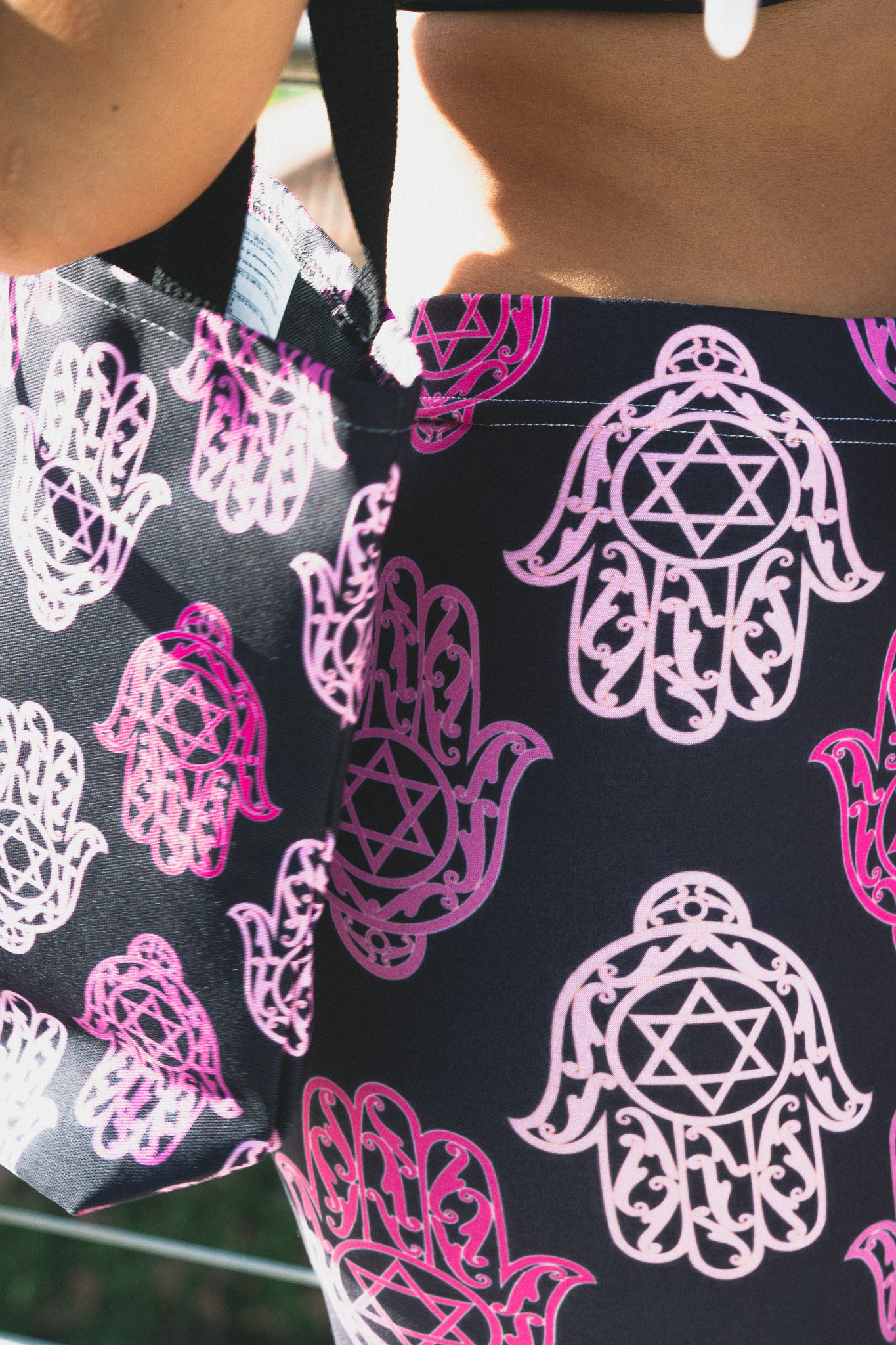 Hadar Pinks Hamsa Pattern on Black Pattern Tote Bag