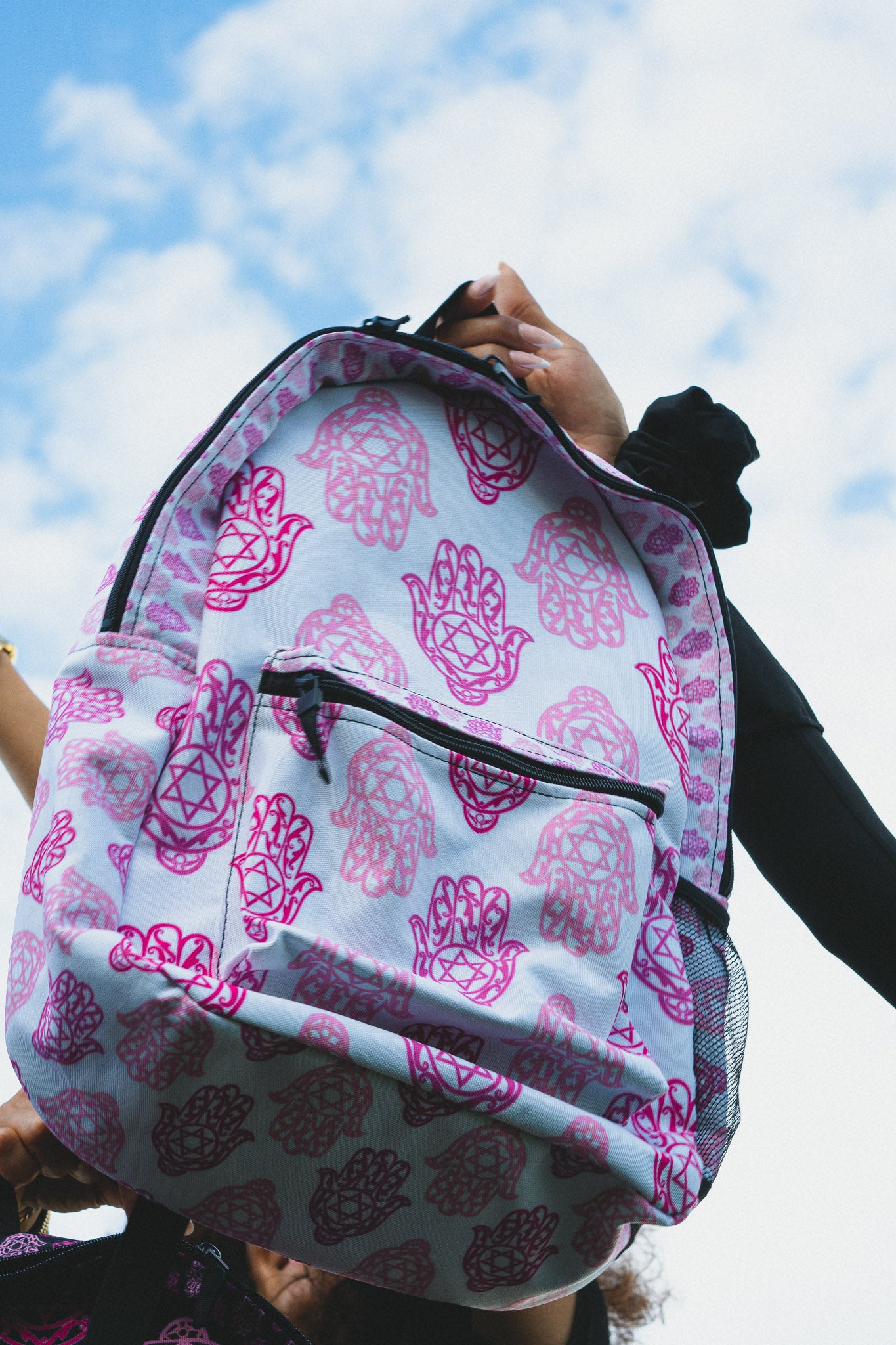 Hadar Pinks Hamsa Pattern on White Backpack