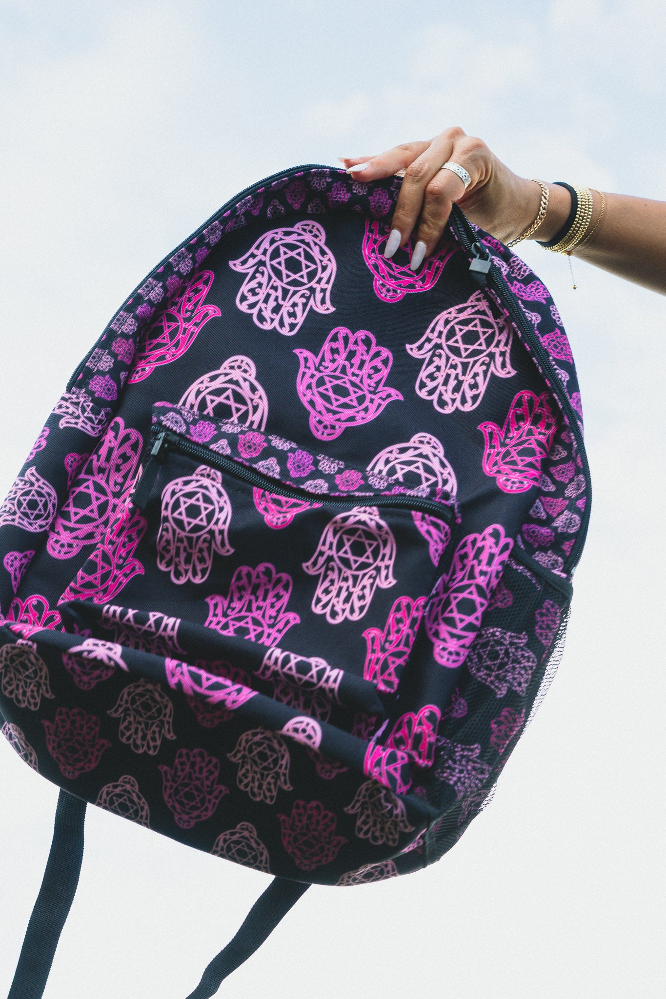 Hadar Pinks Hamsa Pattern on Black Backpack