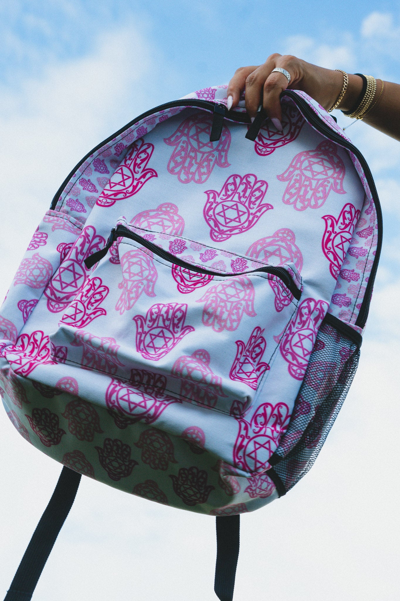 Hadar Pinks Hamsa Pattern on White Backpack