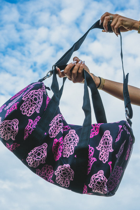 Hadar Pinks Hamsa Pattern on Black Duffel Bag