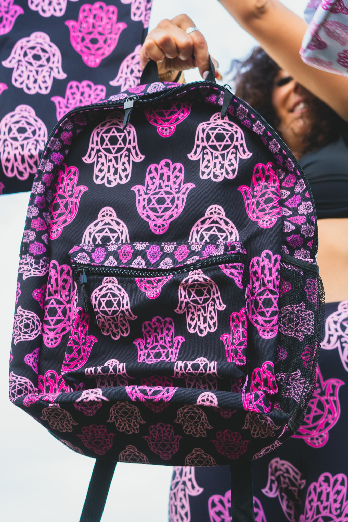 Hadar Pinks Hamsa Pattern on Black Backpack