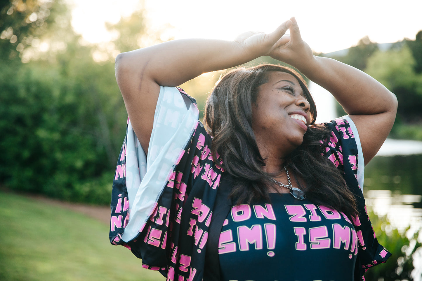 ZION Pink on Black Long Sleeve Kimono Robe