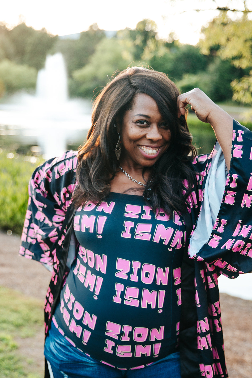 ZION Pink on Black Long Sleeve Kimono Robe