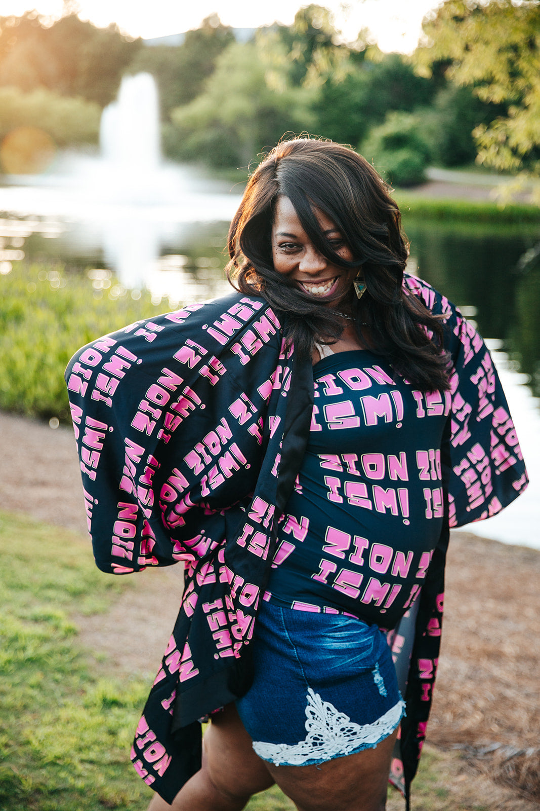 ZION Pink on Black Long Sleeve Kimono Robe