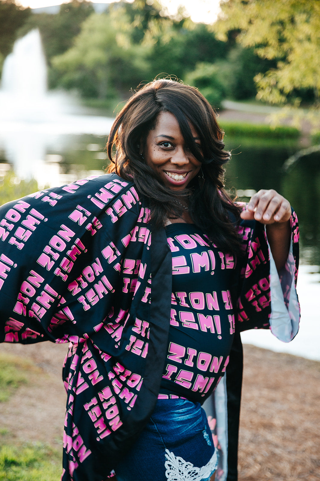 ZION Pink on Black Long Sleeve Kimono Robe