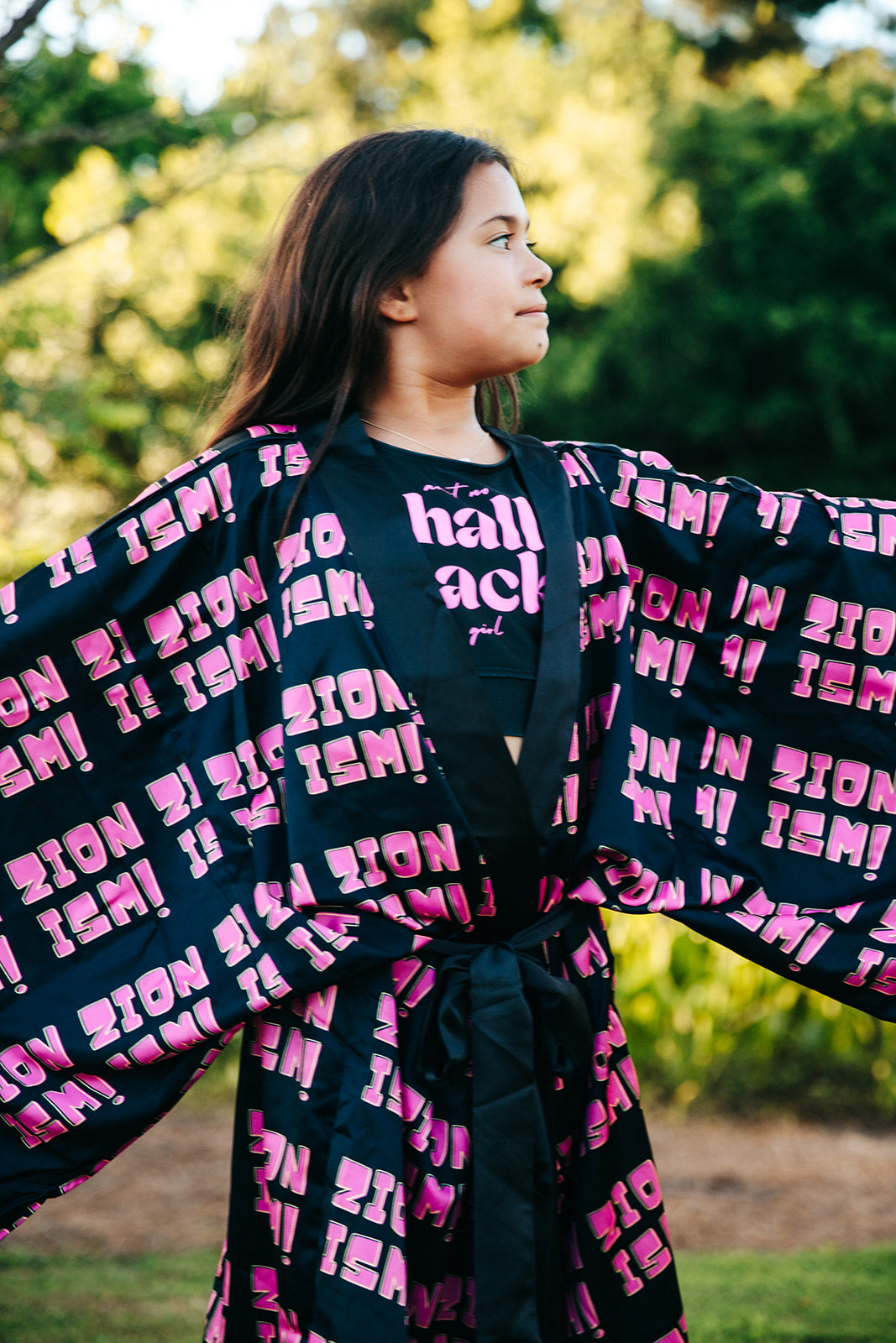 ZION Pink on Black Long Sleeve Kimono Robe