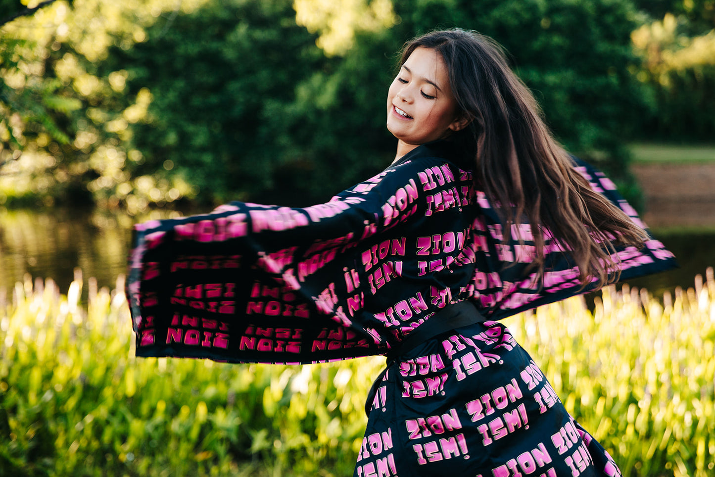 ZION Pink on Black Long Sleeve Kimono Robe