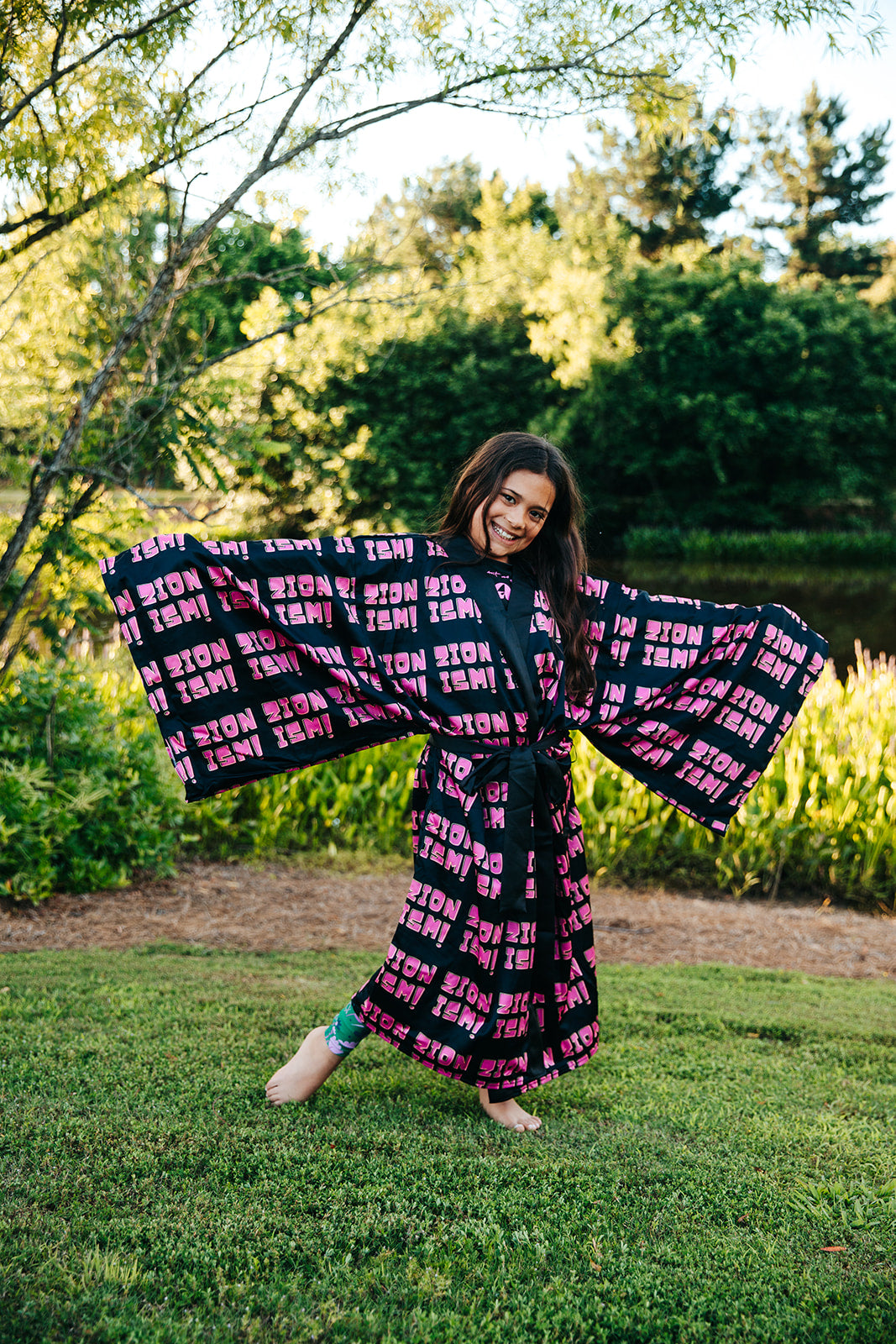 ZION Pink on Black Long Sleeve Kimono Robe