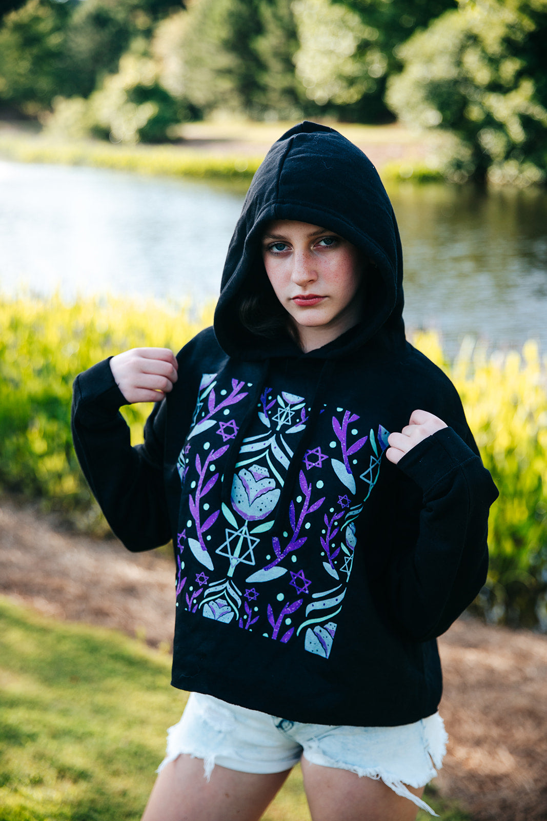 Yocheved Green & Purple Crop Hoodie