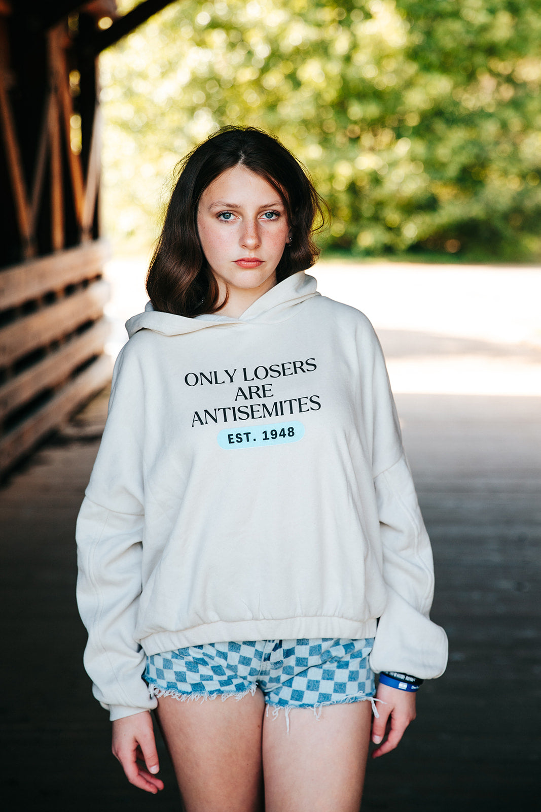 Only Losers Are Antisemites 1948 Blue Women's Cinched Bottom Hoodie