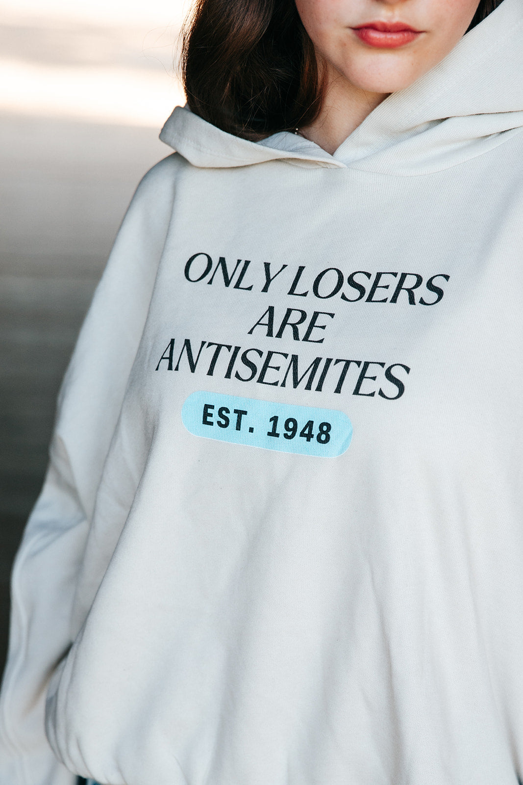 Only Losers Are Antisemites 1948 Blue Women's Cinched Bottom Hoodie