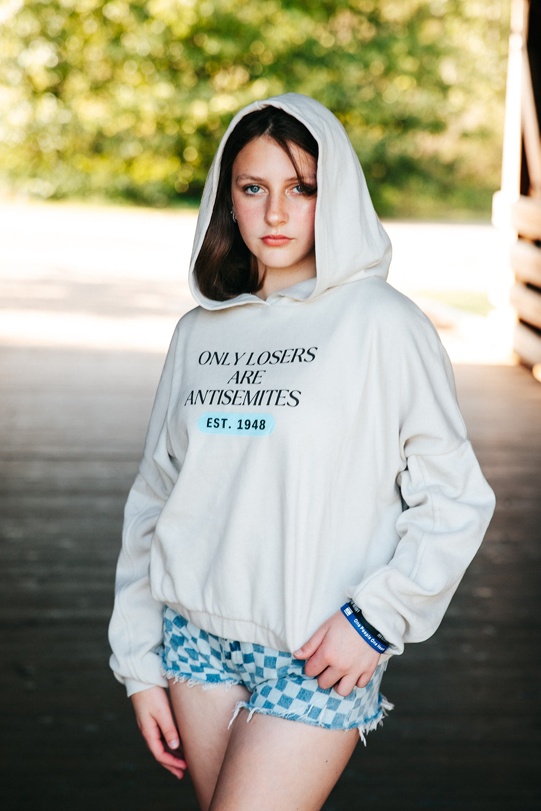 Only Losers Are Antisemites 1948 Blue Women's Cinched Bottom Hoodie