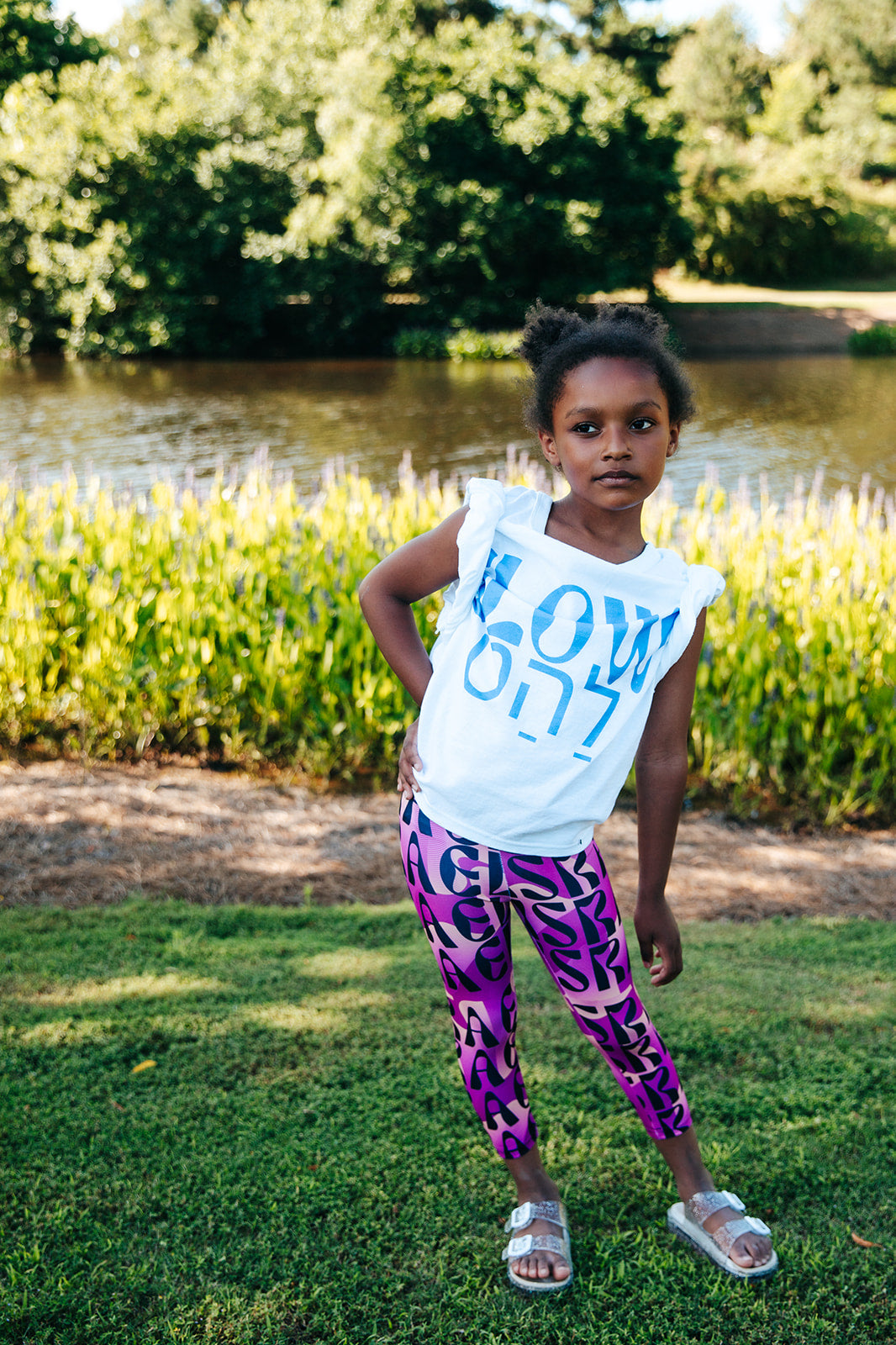 Flow & Squiggle Israel Pink & Coral on Purple Kids Leggings