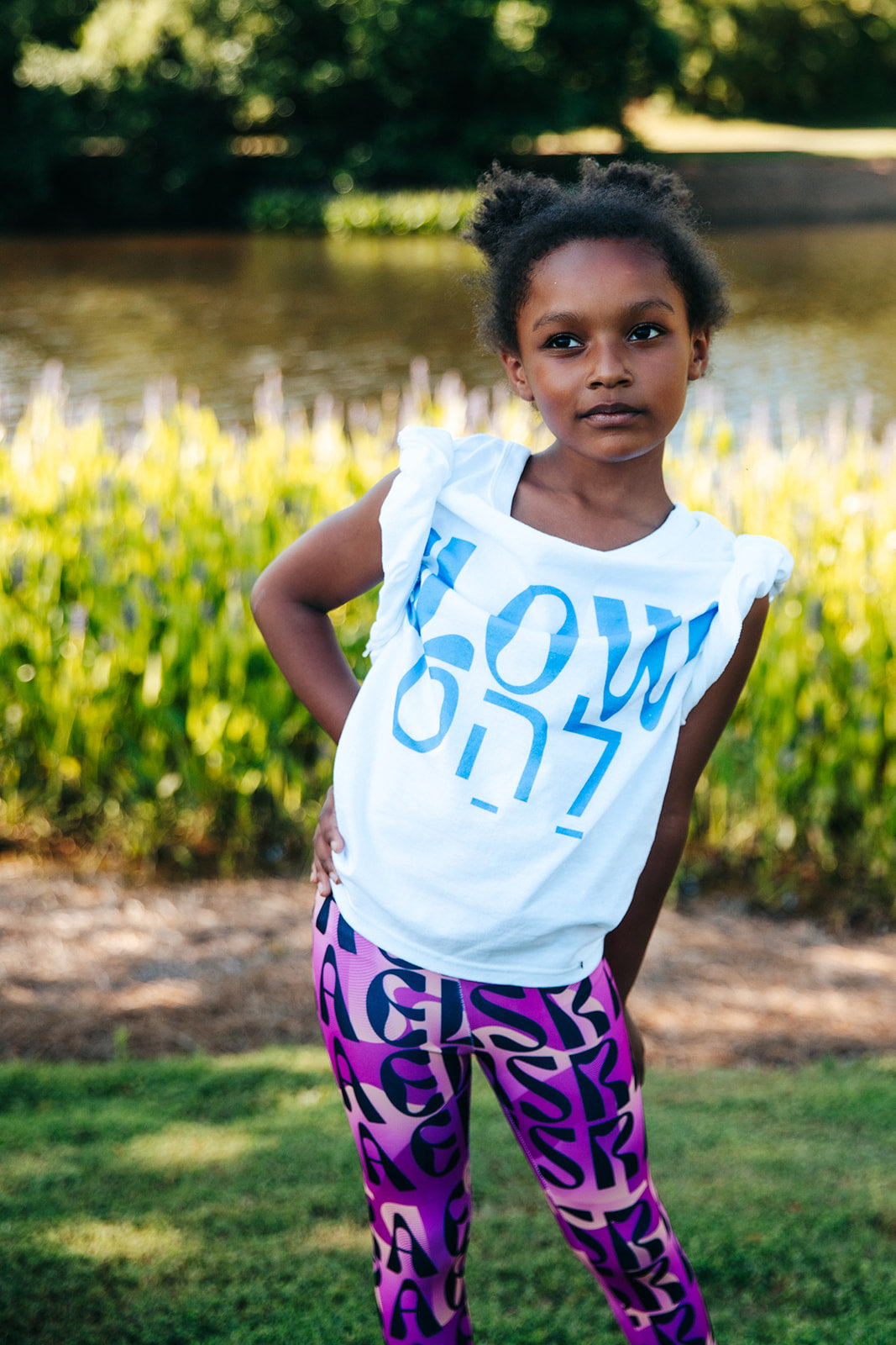 Flow & Squiggle Israel Pink & Coral on Purple Kids Leggings