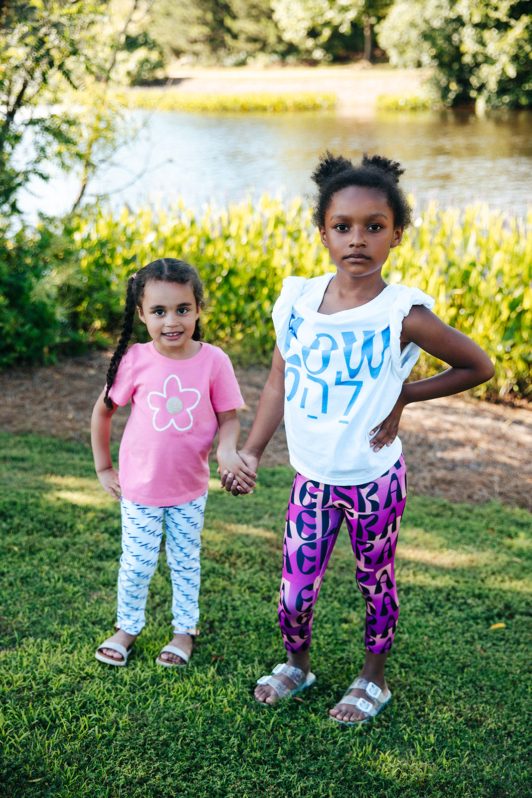 Flow & Squiggle Israel Pink & Coral on Purple Kids Leggings