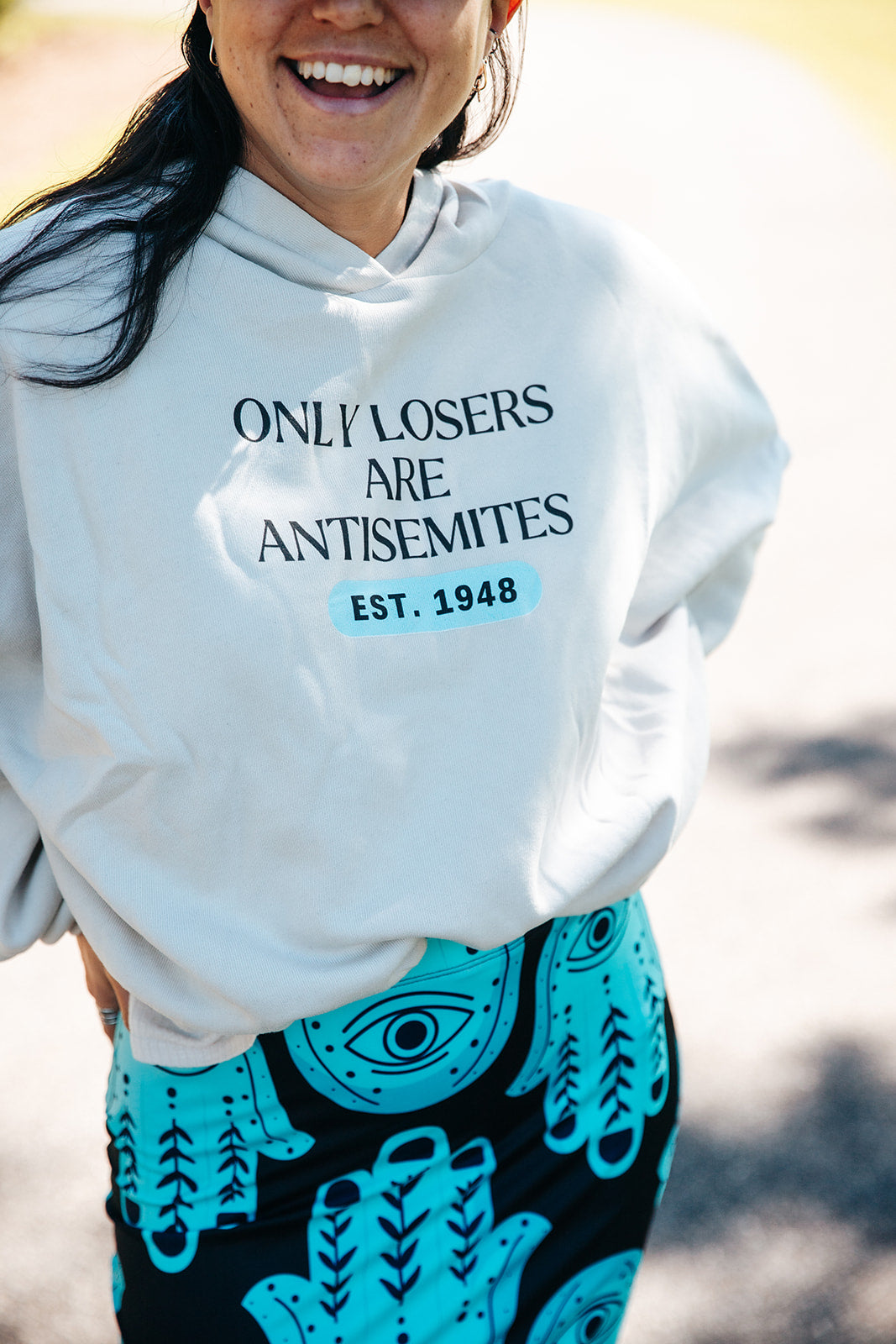 Only Losers Are Antisemites 1948 Blue Women's Cinched Bottom Hoodie