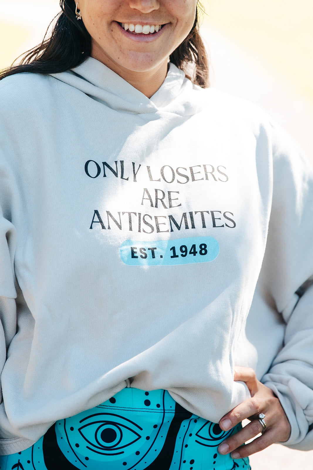 Only Losers Are Antisemites 1948 Blue Women's Cinched Bottom Hoodie